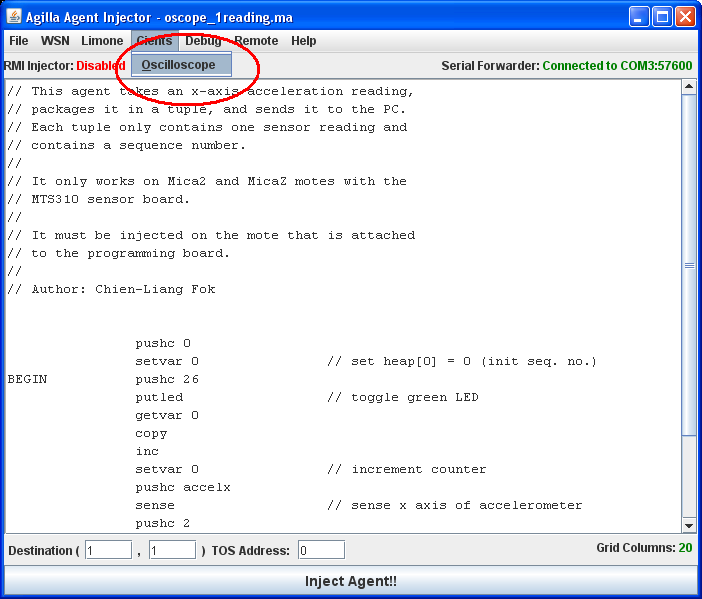 menu to launch oscilloscope